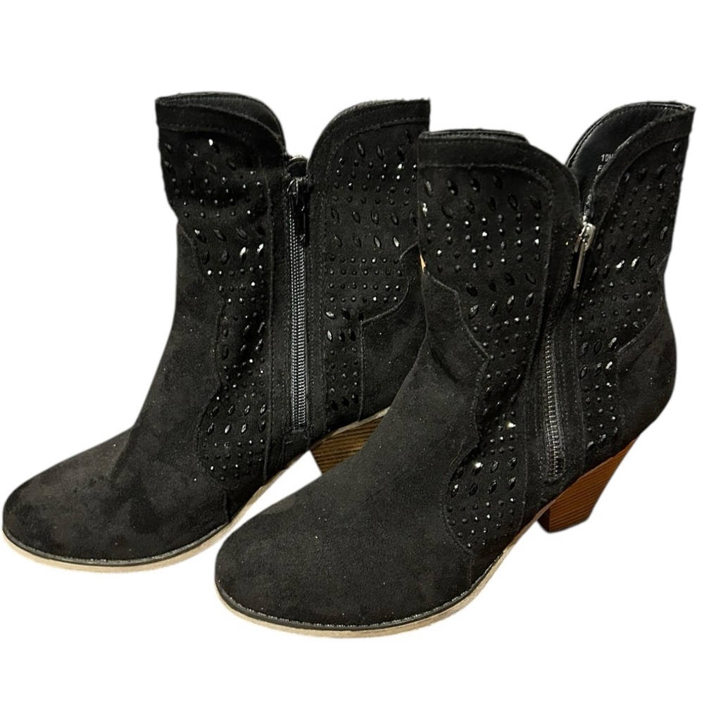 Mojo Moxy Black Suede Ankle Booties with Stud Detail